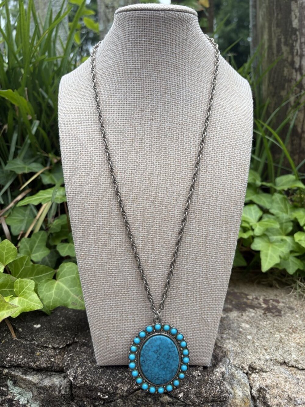 Beaded Turquoise Oval Statement Pendant Necklace Silver Tone Rope Chain 23"